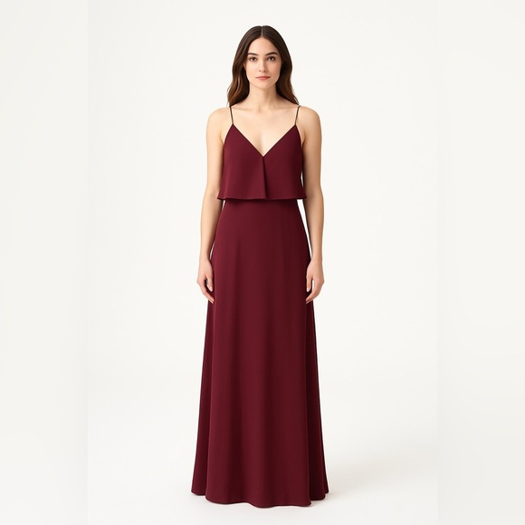 Jenny Yoo Burgundy V Neck Flutter Spaghetti Strap Bridesmaid Gown Formal  Dress 4 - mordernwear.com
